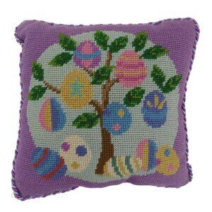 Easter Egg Tree Pastel Blue Yellow Purple Corded Needlepoint Accent Throw Pillow